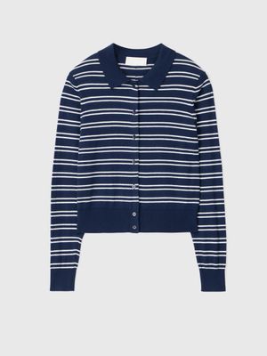 FWSS Cotton Silk Collared Cardigan Navy Cream Stripe