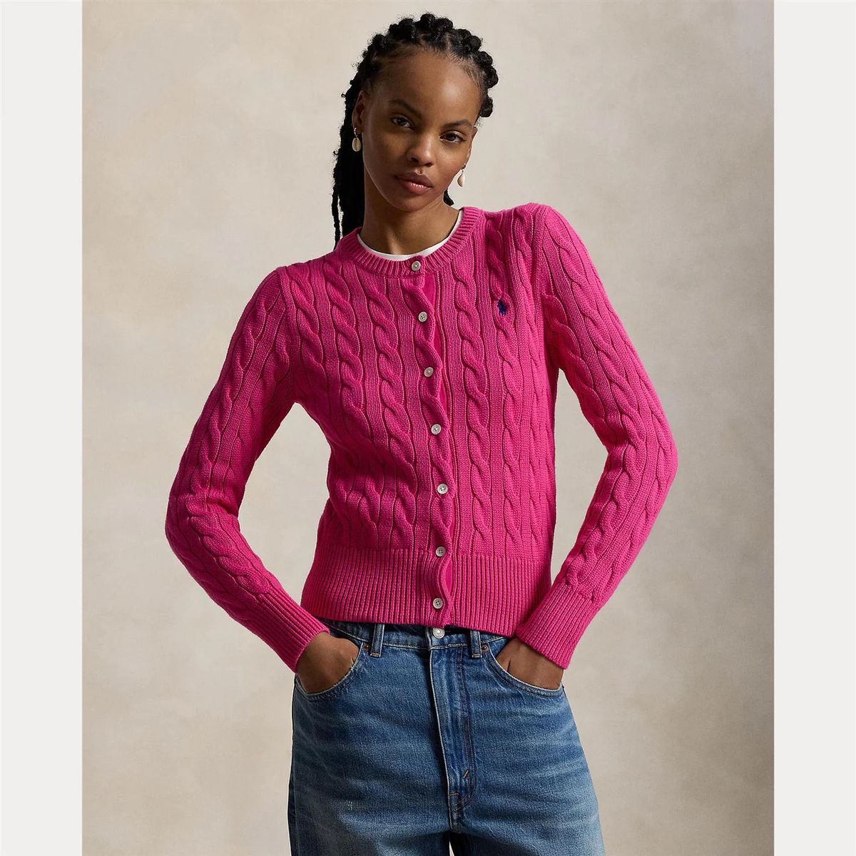 RALPH LAUREN COTTON CABLE KNIT LONG SLEEVE CARDIGAN PINK